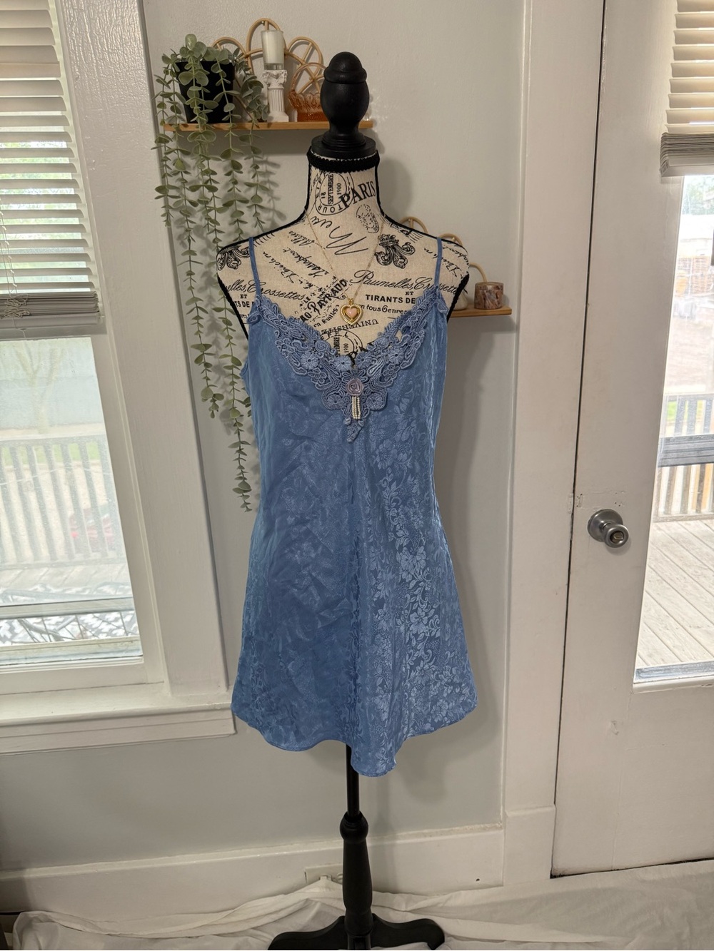 Adonna vintage pearl babydoll slip dress with floral jacquard embroidery